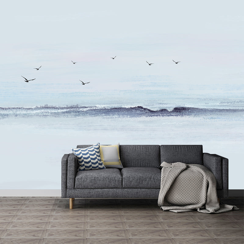 Modern Gull and Sea Surf Murals for Living Room Customized Wall Decor in Grey-Blue