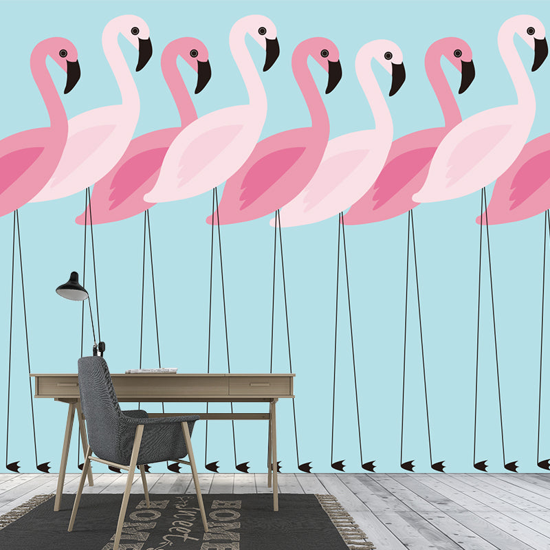 Pink Flamingo Wall Paper Murals Animal Tropix Waterproof Wall Covering on Blue for Home