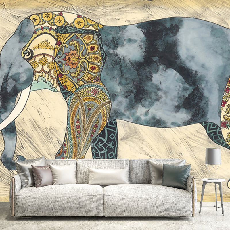 Boho-Chic Elephant Wall Mural Decal Blue-Brown Waterproof Wall Covering for Living Room