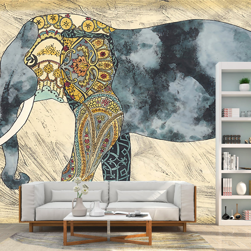 Boho-Chic Elephant Wall Mural Decal Blue-Brown Waterproof Wall Covering for Living Room