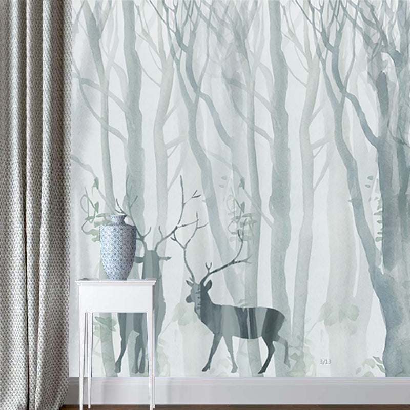 Grey-Blue Scandinavian Mural Wallpaper Full-Size Deer in Winter Forest Wall Art for Bedroom