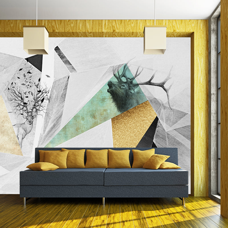 Nordic Geometric Deer Wall Murals Grey and Yellow Stain Resistant Wall Decor for Home