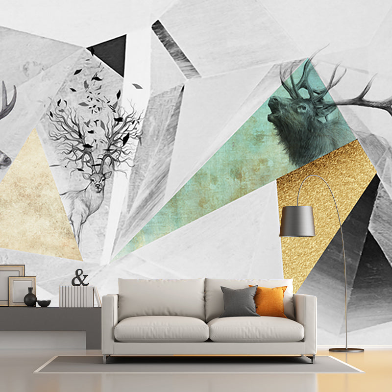 Nordic Geometric Deer Wall Murals Grey and Yellow Stain Resistant Wall Decor for Home