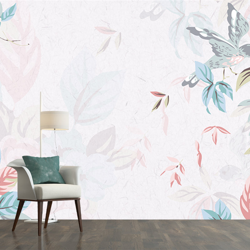 Large Bird and Leaf Mural Decal for Home Flower Printed Wall Art in Pink-Green, Waterproof