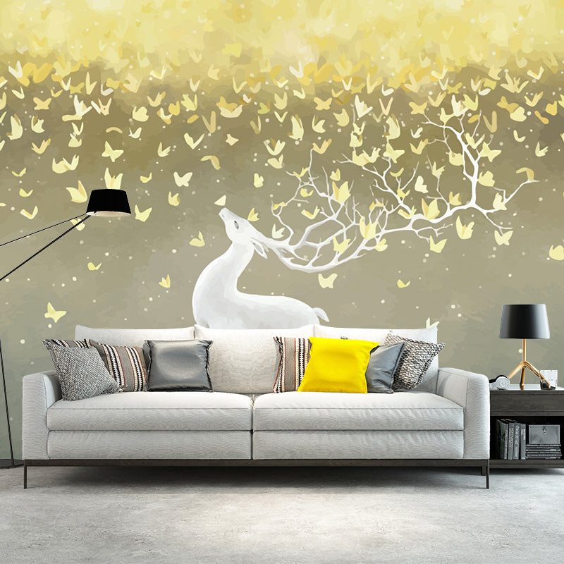Illustration Deer and Butterfly Murals for Kids Bedroom, Grey-Yellow, Made to Measure