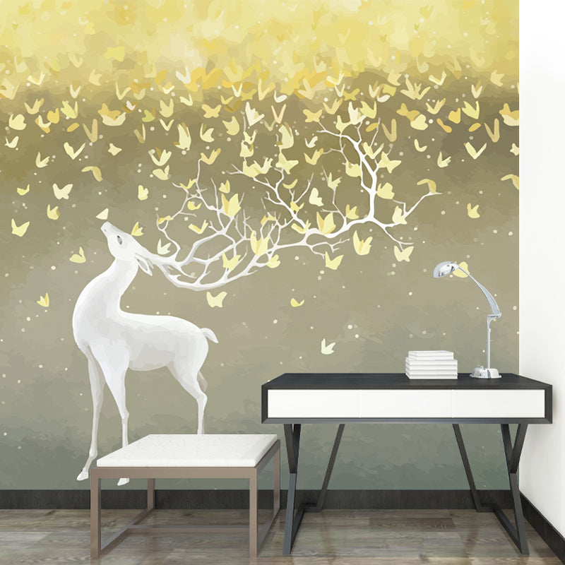 Illustration Deer and Butterfly Murals for Kids Bedroom, Grey-Yellow, Made to Measure
