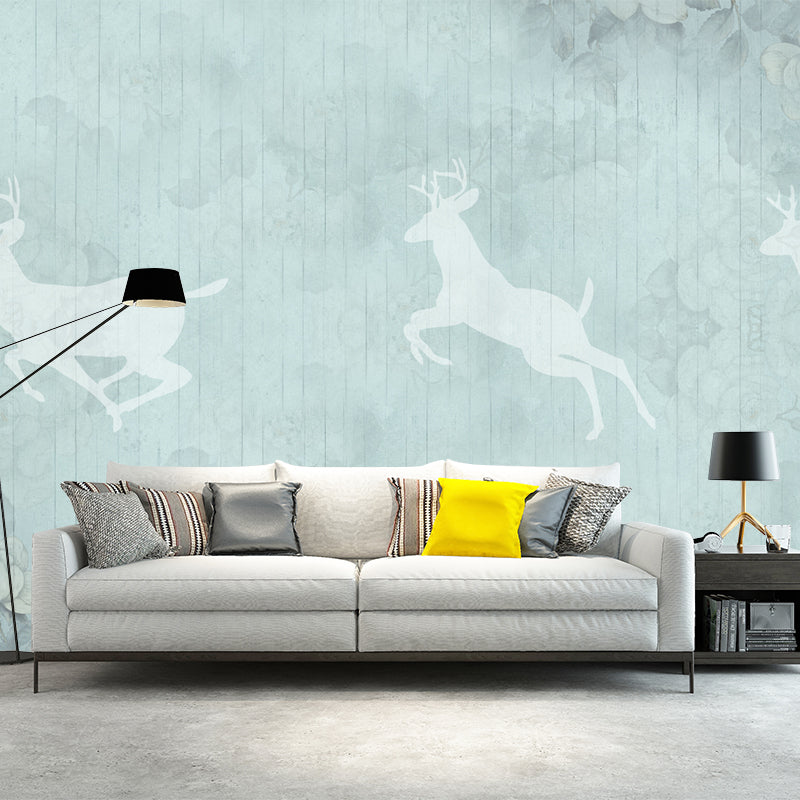 Minimalist Deer Silhouette Murals Wallpaper Grey-Blue Floral Print Wall Covering