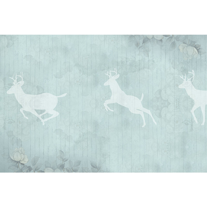 Minimalist Deer Silhouette Murals Wallpaper Grey-Blue Floral Print Wall Covering