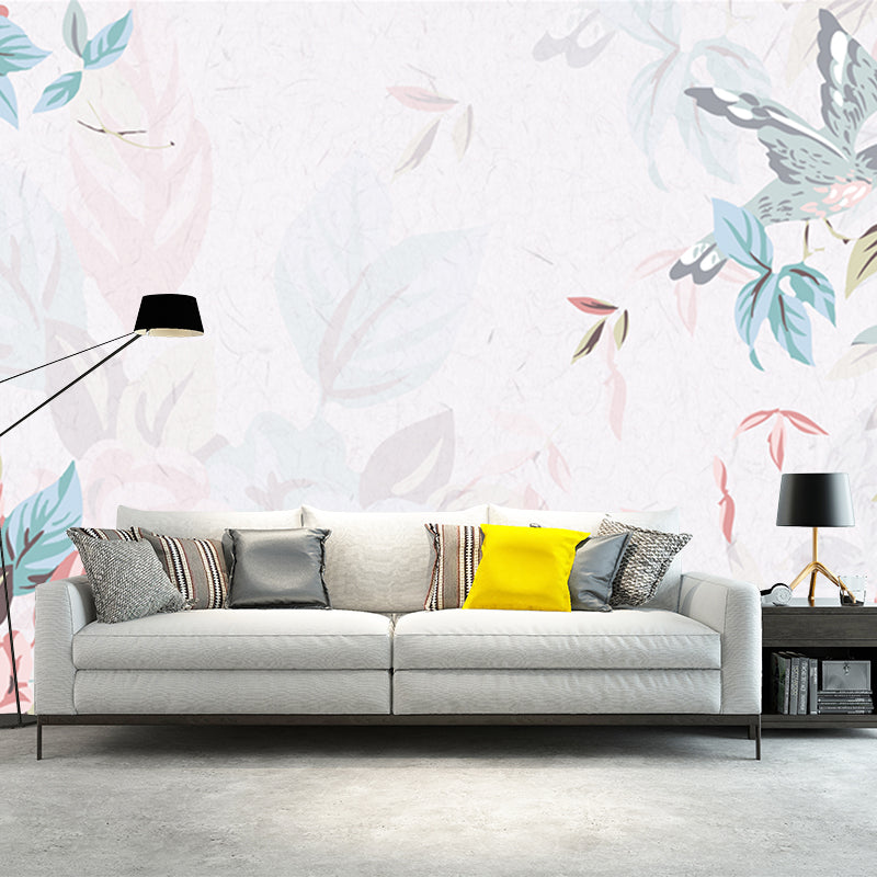 Contemporary Flowers Wall Paper Murals for Bedroom, Made to Measure Wall Decor in Pink and Blue