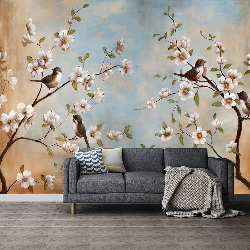 Whole Birds Murals for Wall Contemporary Large Branch with Flowers Wall Art in Blue-Brown