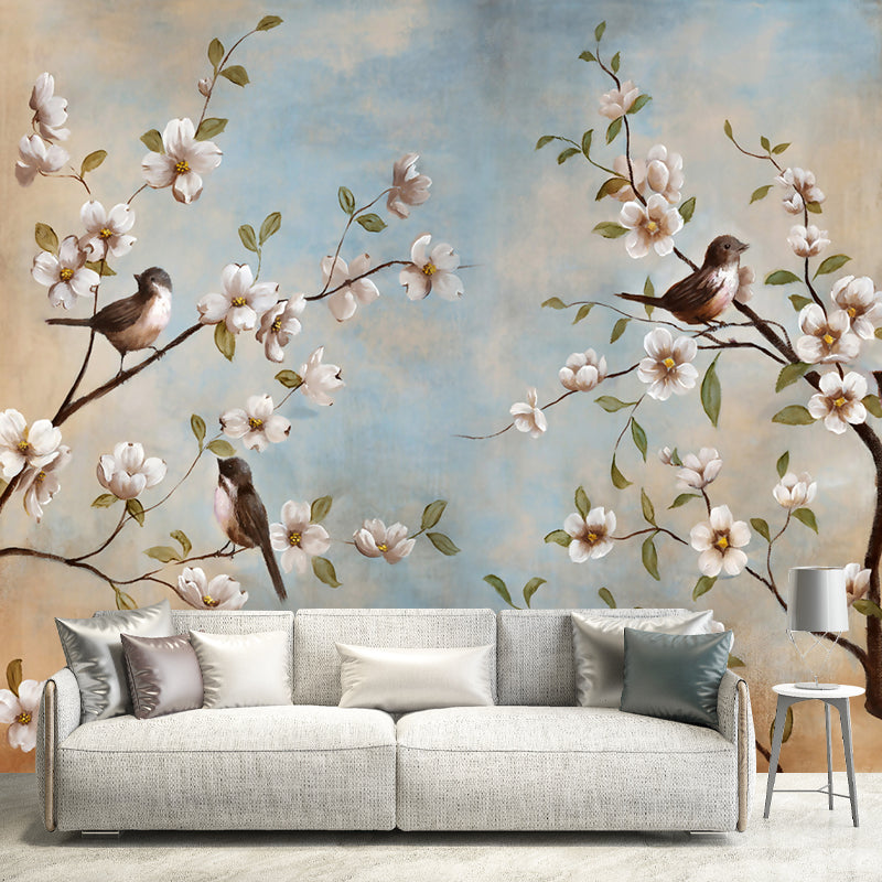 Whole Birds Murals for Wall Contemporary Large Branch with Flowers Wall Art in Blue-Brown