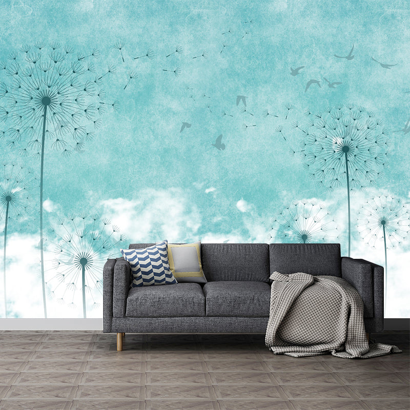 Dandelion Wallpaper Murals in Blue and White, Minimalist Wall Covering for Accent Wall