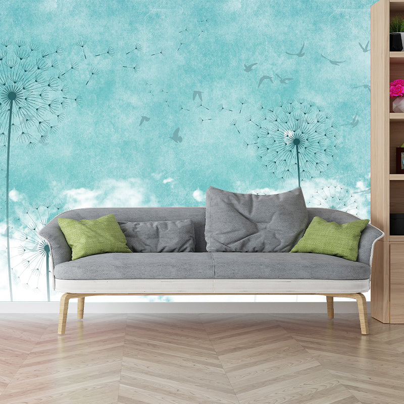 Dandelion Wallpaper Murals in Blue and White, Minimalist Wall Covering for Accent Wall