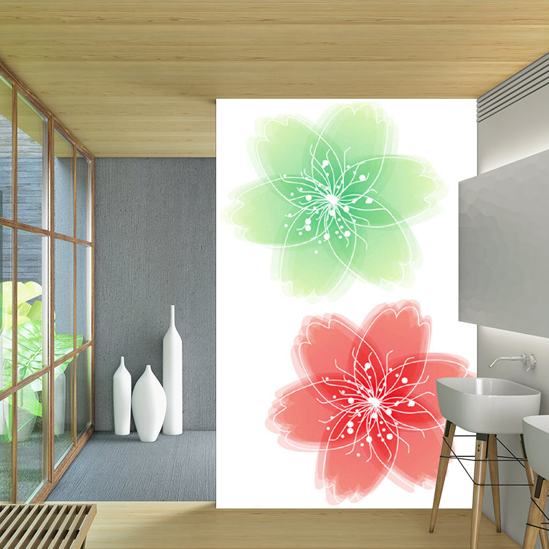 Illustration Florals Murals Wallpaper for Accent Wall, Red and Green, Personalised Size