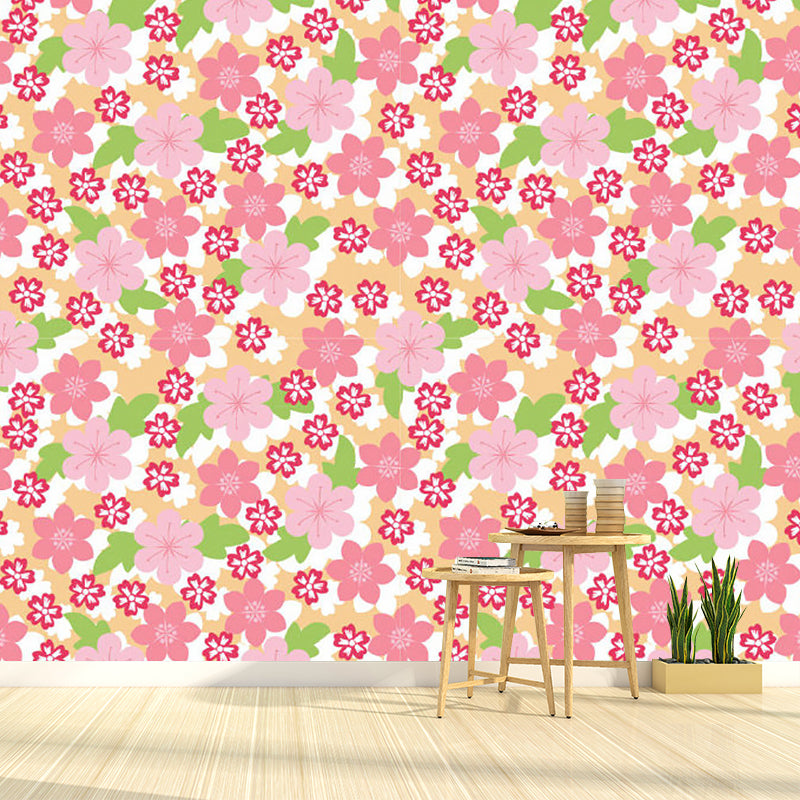 Contemporary Florets Wall Murals in Pink and Green Bedroom Wall Covering, Made to Measure