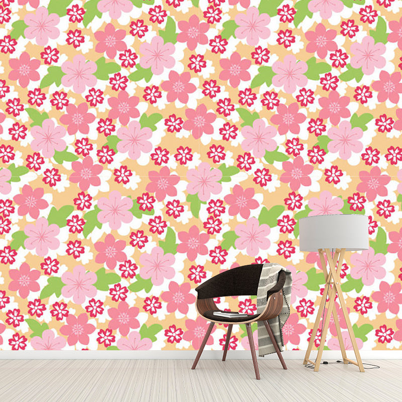 Contemporary Florets Wall Murals in Pink and Green Bedroom Wall Covering, Made to Measure