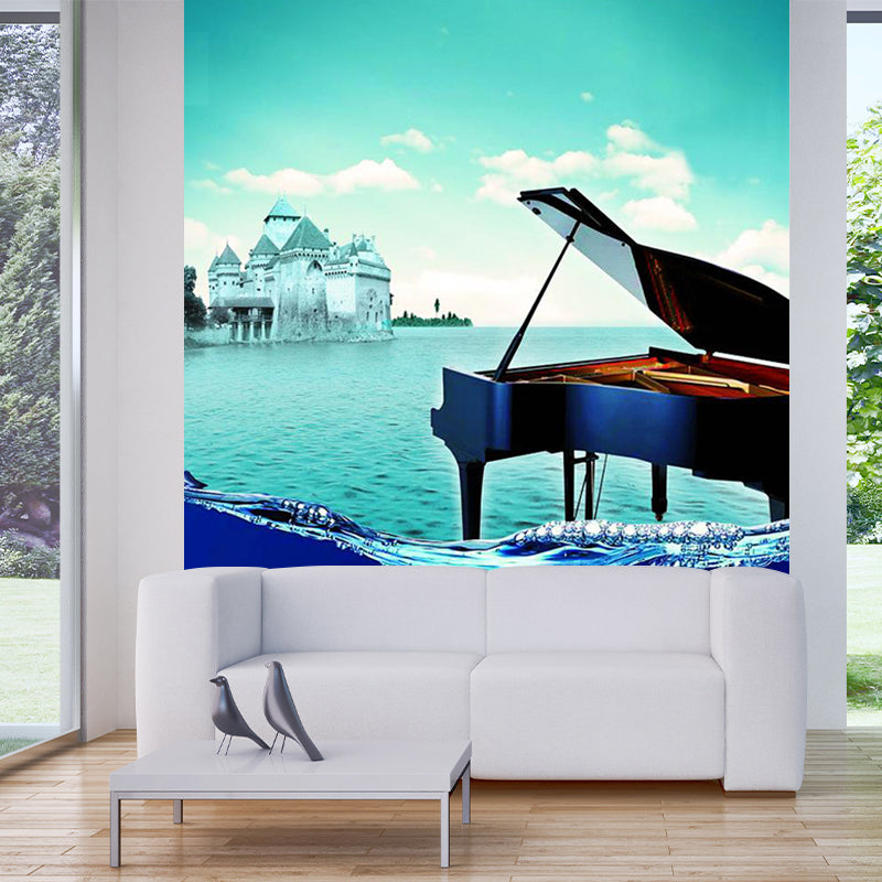 Mediterranean Sea Piano Mural Decal Aqua Stain Resistant Wall Covering for Bedroom