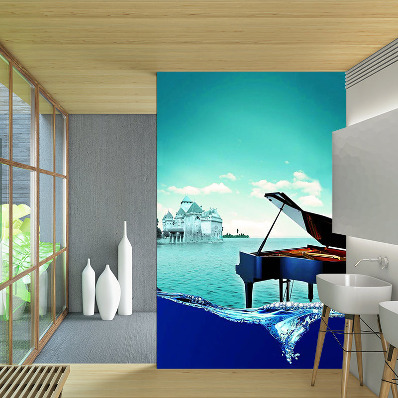Mediterranean Sea Piano Mural Decal Aqua Stain Resistant Wall Covering for Bedroom