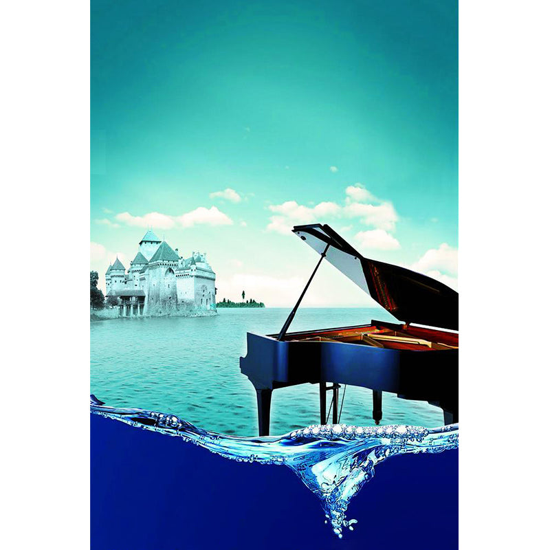Mediterranean Sea Piano Mural Decal Aqua Stain Resistant Wall Covering for Bedroom