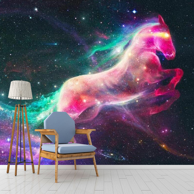 Purple-Green Unicorn Mural Decal Stain Resistant Wall Covering for Bedroom, Non-Woven
