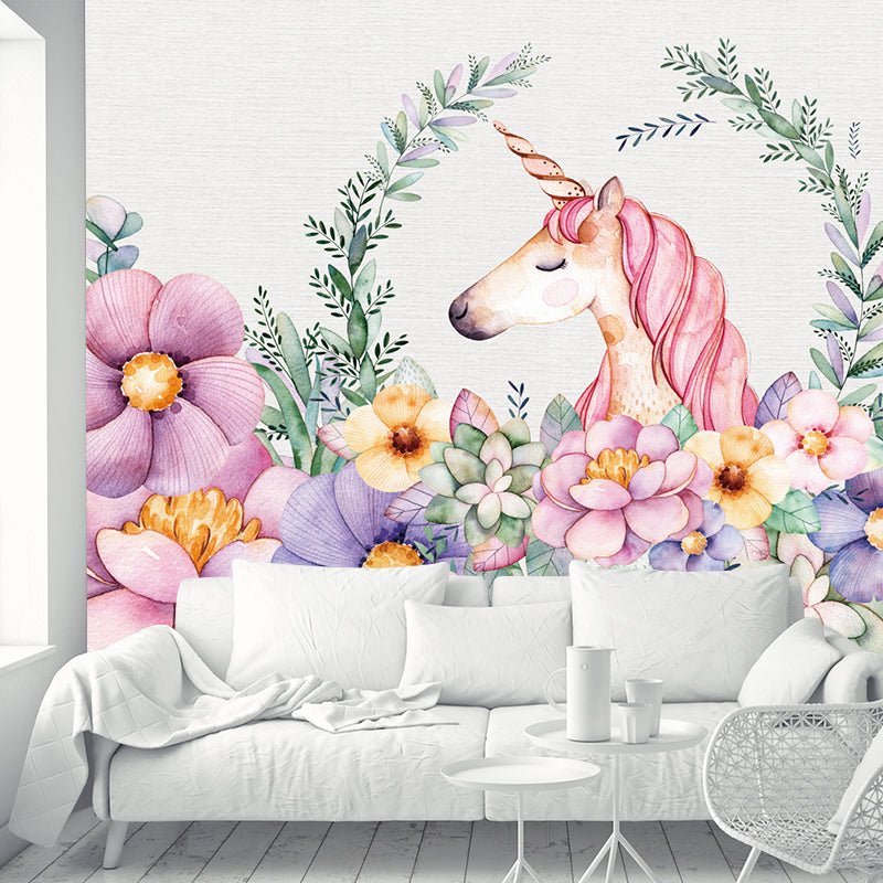Flower Border Unicorn Head Murals Cartoon Smooth Texture Wall Decor in Pink-Green