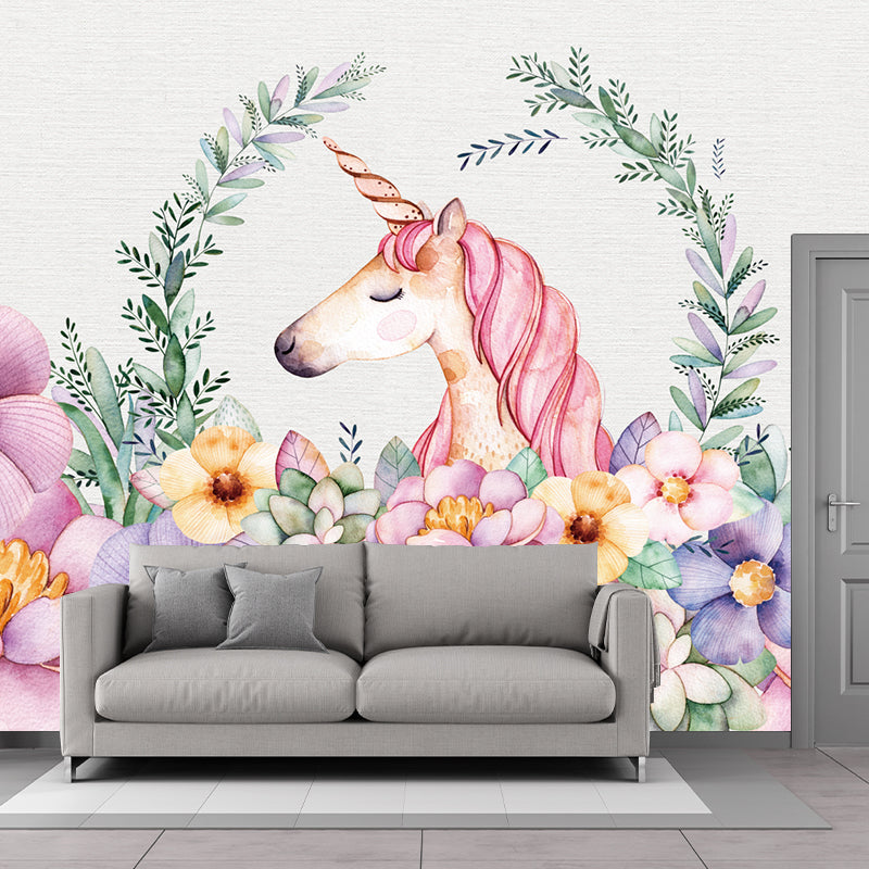 Flower Border Unicorn Head Murals Cartoon Smooth Texture Wall Decor in Pink-Green