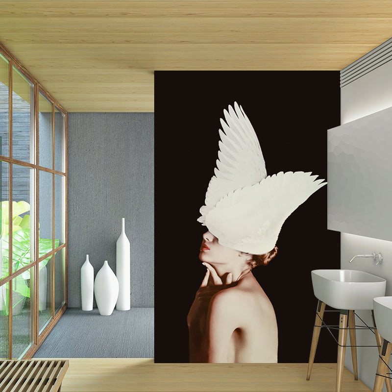 Photography Lady with Feather Murals Full Size Wall Covering for Bedroom, Made to Measure