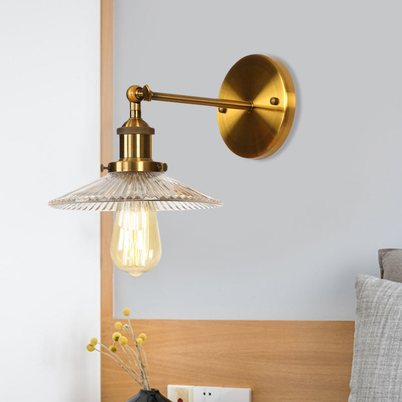 1 Light Clear Textured Glass Wall Sconce Light Vintage Brass Tapered Bedroom Lighting Fixture