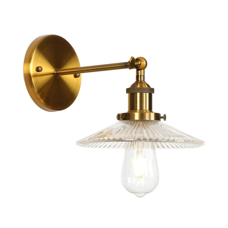 1 Light Clear Textured Glass Wall Sconce Light Vintage Brass Tapered Bedroom Lighting Fixture