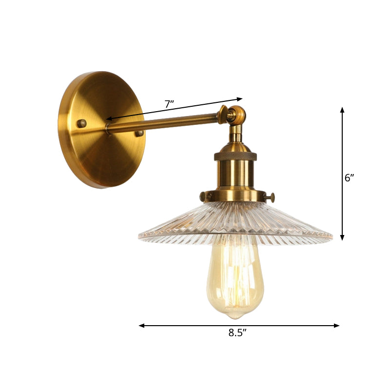 1 Light Clear Textured Glass Wall Sconce Light Vintage Brass Tapered Bedroom Lighting Fixture