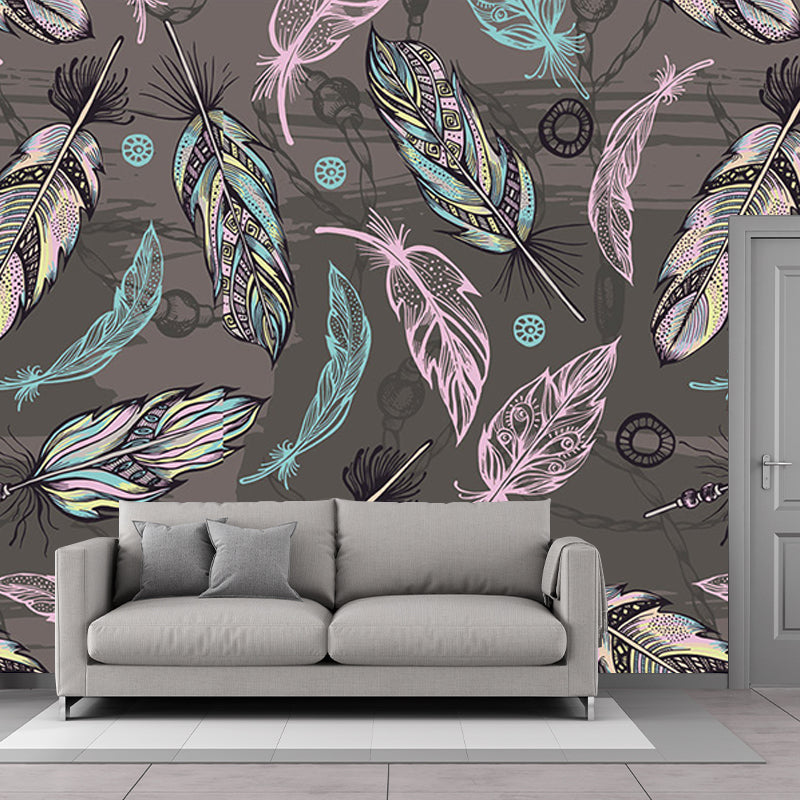 Grey-Pink-Green Feathers Murals for Wall Decoration Modern Living Room Wall Covering