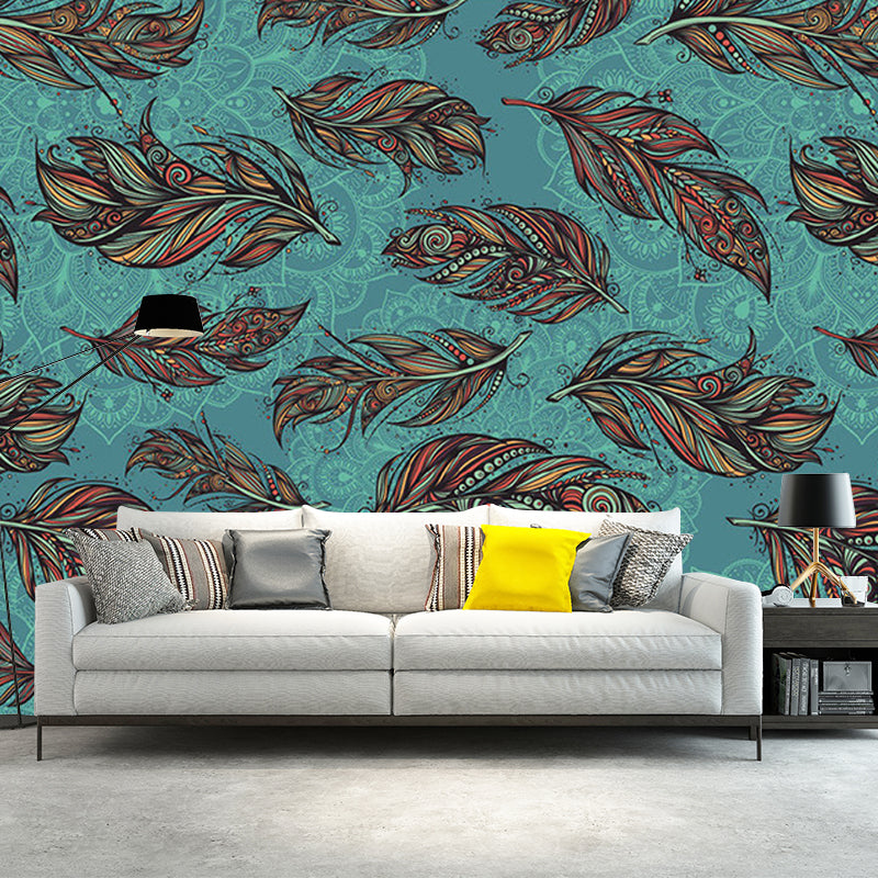 Modern Feathers Wall Murals for Backsplash, Customize Size Available Wall Art in Aqua and Brown