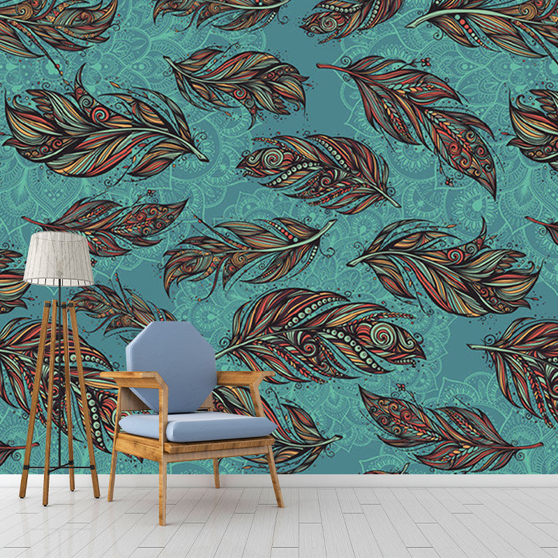Modern Feathers Wall Murals for Backsplash, Customize Size Available Wall Art in Aqua and Brown