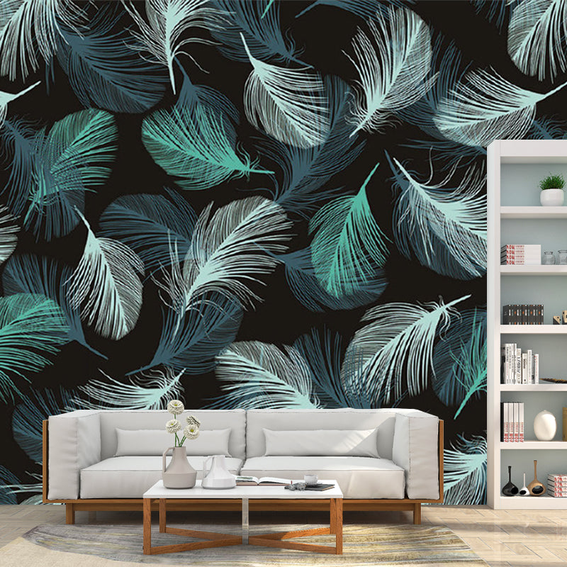 Contemporary Feathers Wall Mural Decal in Green-White Bedroom Wall Decor, Full Size