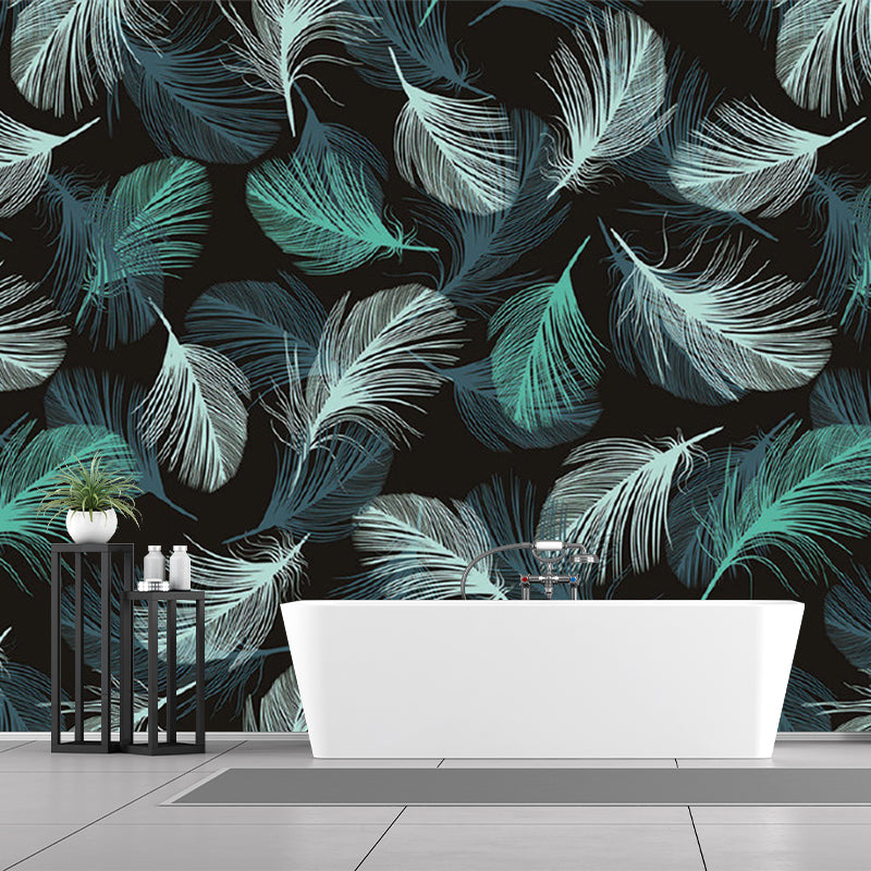 Contemporary Feathers Wall Mural Decal in Green-White Bedroom Wall Decor, Full Size