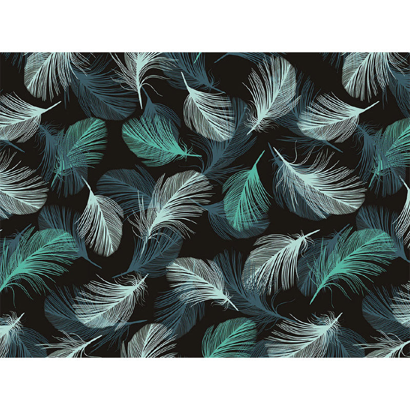 Contemporary Feathers Wall Mural Decal in Green-White Bedroom Wall Decor, Full Size
