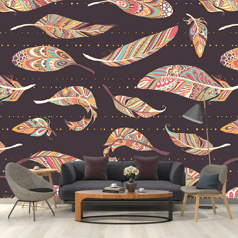 Illustration Colorful Feather Murals Wallpaper for Bedroom, Brown, Made to Measure