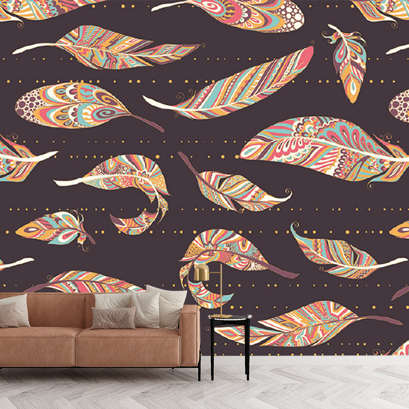 Illustration Colorful Feather Murals Wallpaper for Bedroom, Brown, Made to Measure