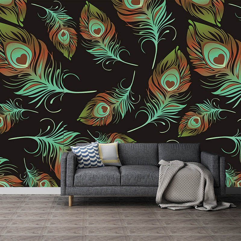 Feathers Wallpaper Murals in Black and Green, Contemporary Wall Art for Living Room