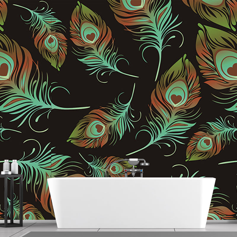 Feathers Wallpaper Murals in Black and Green, Contemporary Wall Art for Living Room
