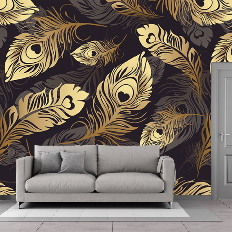 Contemporary Feather Murals in Grey and Yellow Bedroom Wall Decor, Customize Size Available