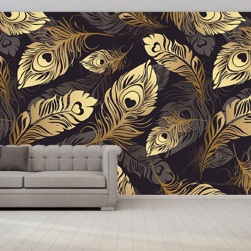 Contemporary Feather Murals in Grey and Yellow Bedroom Wall Decor, Customize Size Available