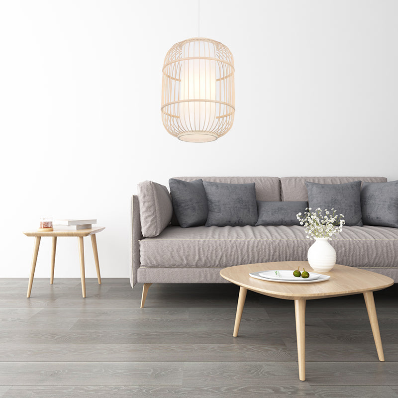 Asian Style Cylinder Shade Hanging Lamp Bamboo 1 Head Living Room Ceiling Fixture in Beige, 16"/19.5" W