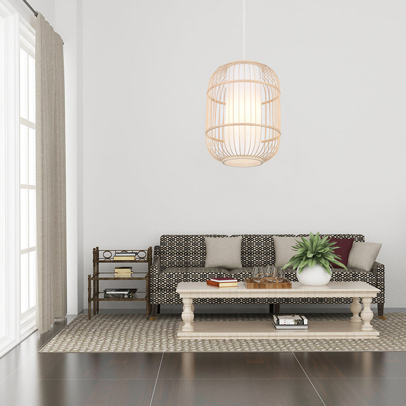 Asian Style Cylinder Shade Hanging Lamp Bamboo 1 Head Living Room Ceiling Fixture in Beige, 16"/19.5" W