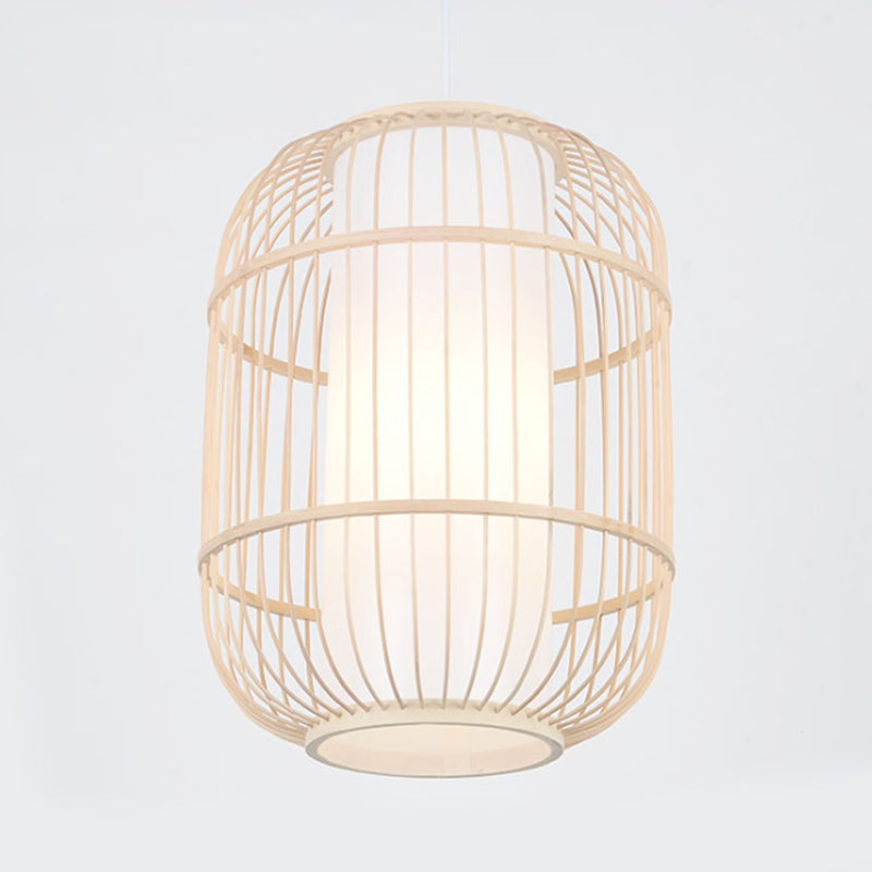 Asian Style Cylinder Shade Hanging Lamp Bamboo 1 Head Living Room Ceiling Fixture in Beige, 16"/19.5" W