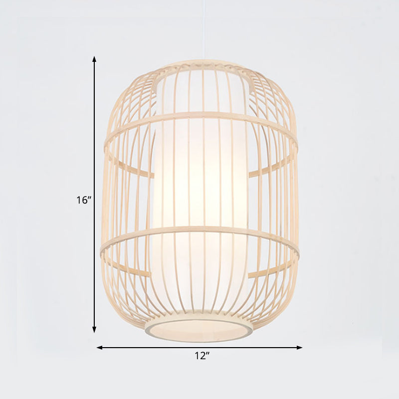 Asian Style Cylinder Shade Hanging Lamp Bamboo 1 Head Living Room Ceiling Fixture in Beige, 16"/19.5" W