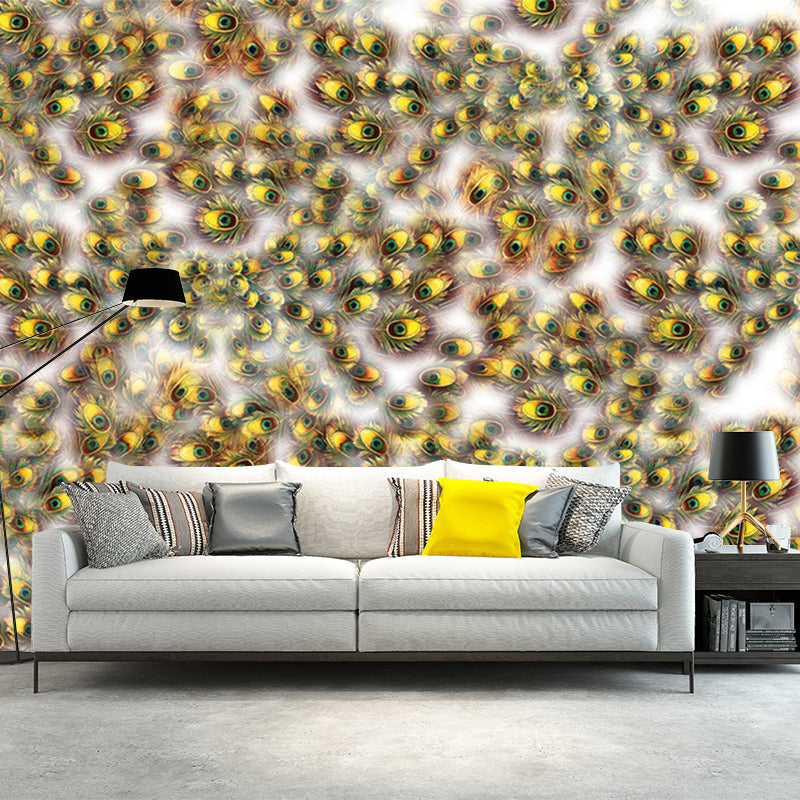 Contemporary Feather Mural Decal Non Woven Decorative Yellow and Green Wall Decor for Kitchen