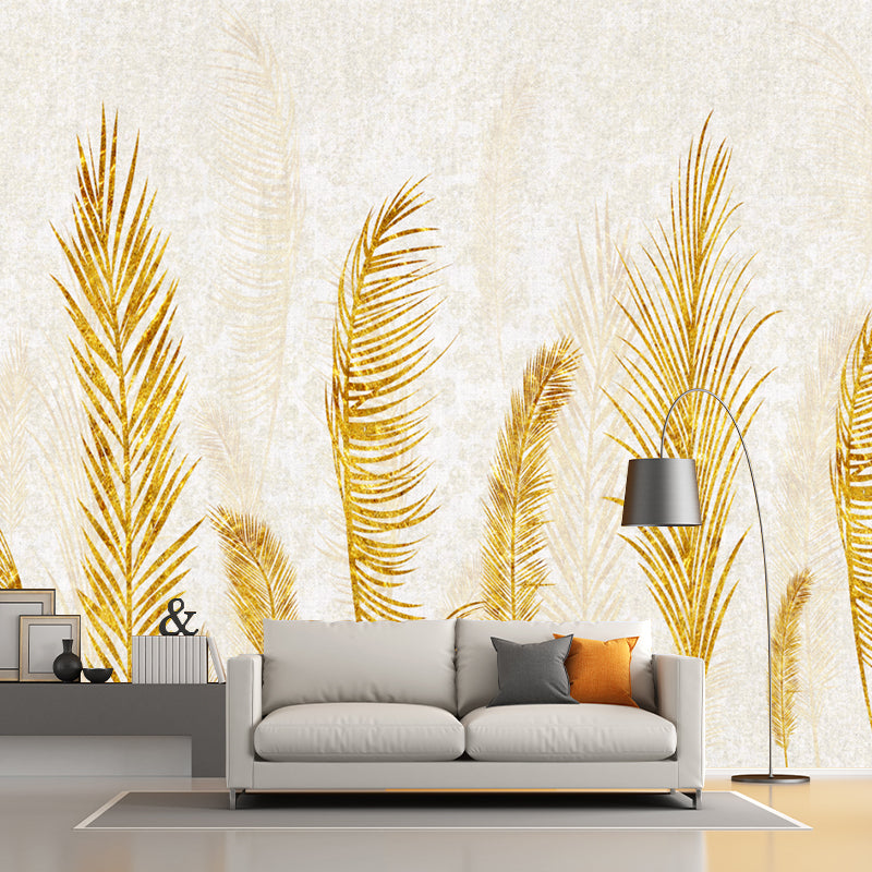 Yellow Feather Pattern Murals Wallpaper Moisture Resistant Contemporary Home Wall Decor
