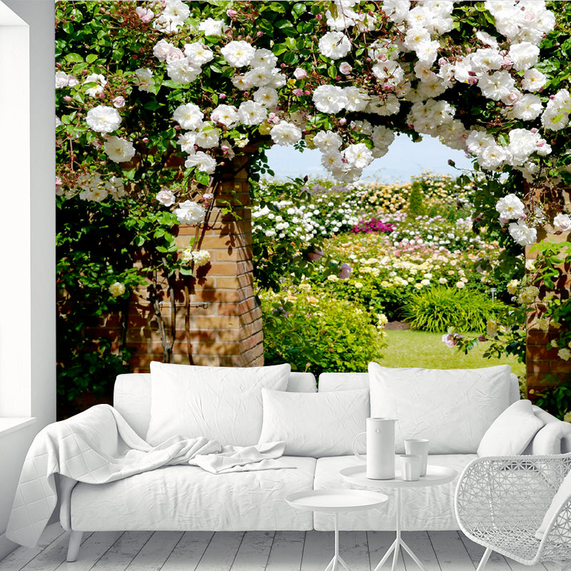 Photography Flower Archway Mural Decal for Living Room, Green and White, Custom Print