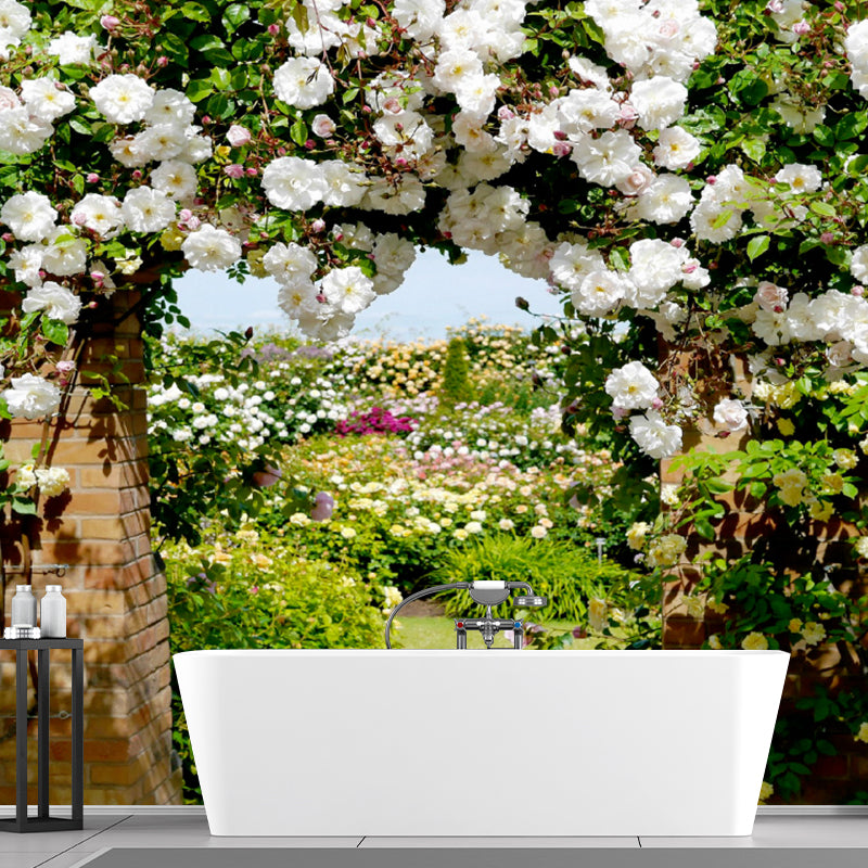 Photography Flower Archway Mural Decal for Living Room, Green and White, Custom Print